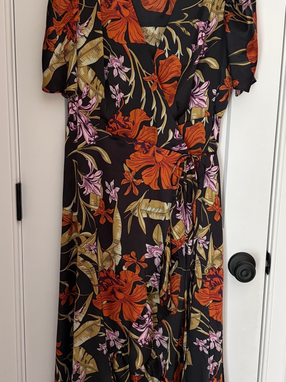 Fall Floral Wrap Maxi Dress in Black with Orange & Pink Blooms